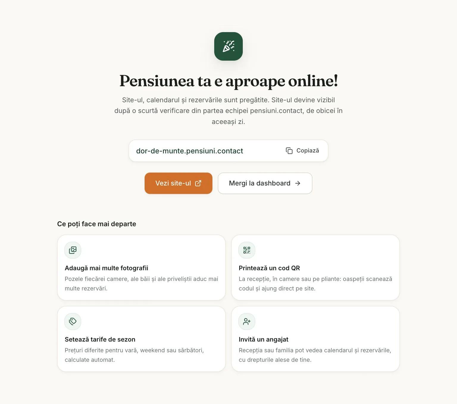 Ecranul de final: adresa site-ului și pașii recomandați mai departe.