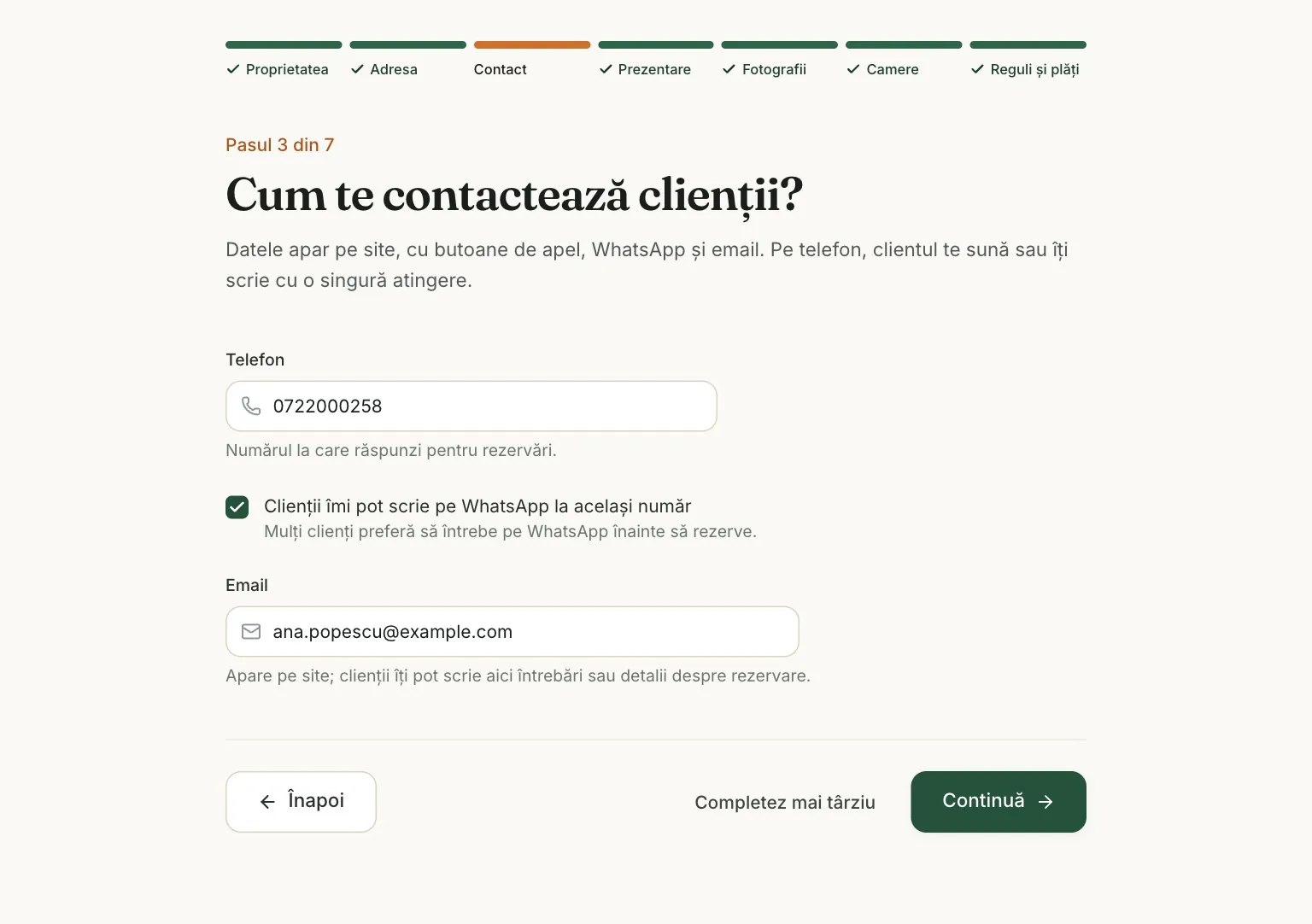 Pasul 3: telefon, WhatsApp și email.