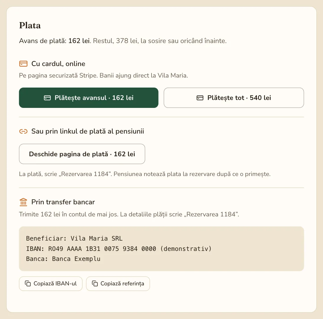 Pagina rezervării, la client: plata cu cardul, prin linkul tău sau prin transfer.