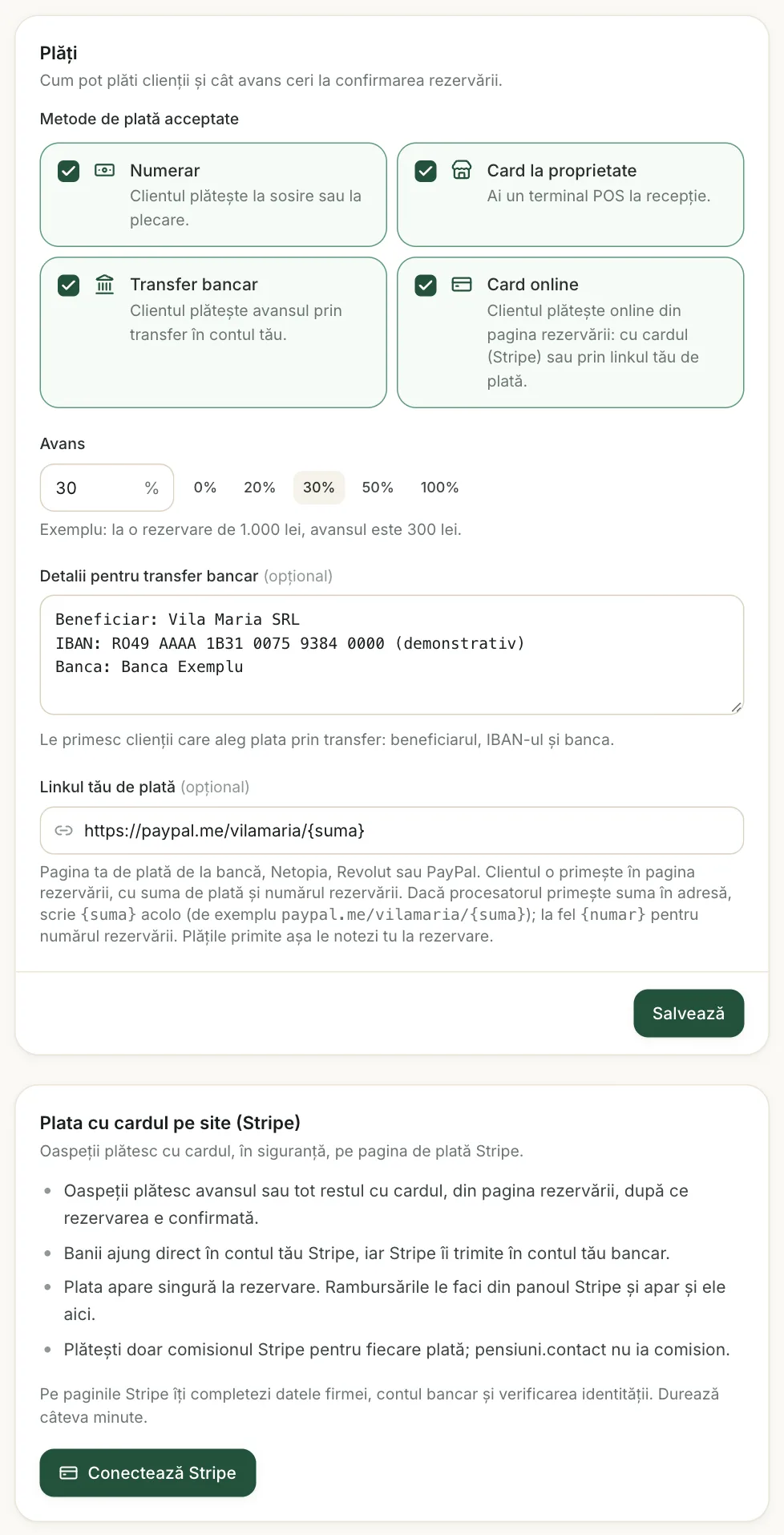 Setări → Plăți: metodele de plată, avansul, datele pentru transfer, linkul tău de plată și Stripe.