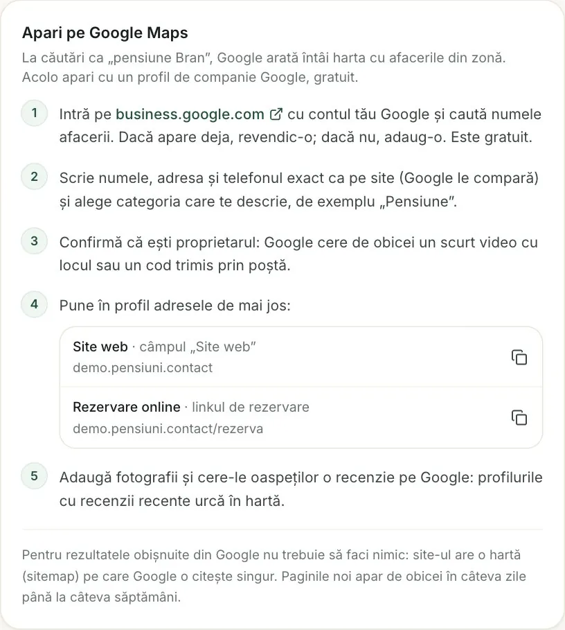 Cardul „Apari pe Google Maps”, cu adresele de copiat.